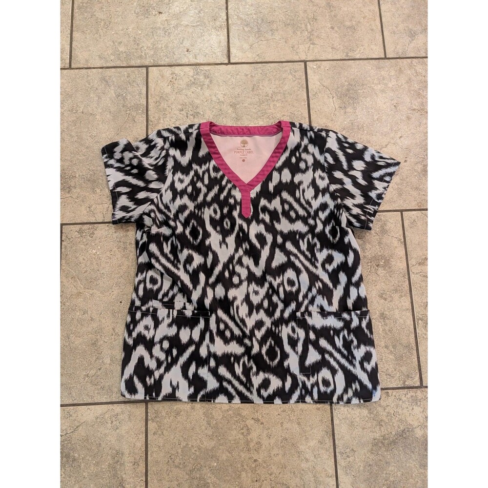 Healing Hands Purple Label Scrub Top Womens S Black White Ikat Pink Trim - Picture 8 of 10